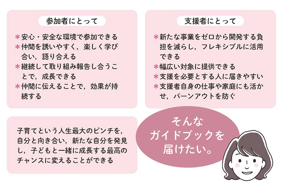 子育てという人生最大のピンチを，自分と向き合い，新たな自分を発見し，子どもと一緒に成長する最高のチャンスに変えることができる──そんなガイドブックを届けたい。