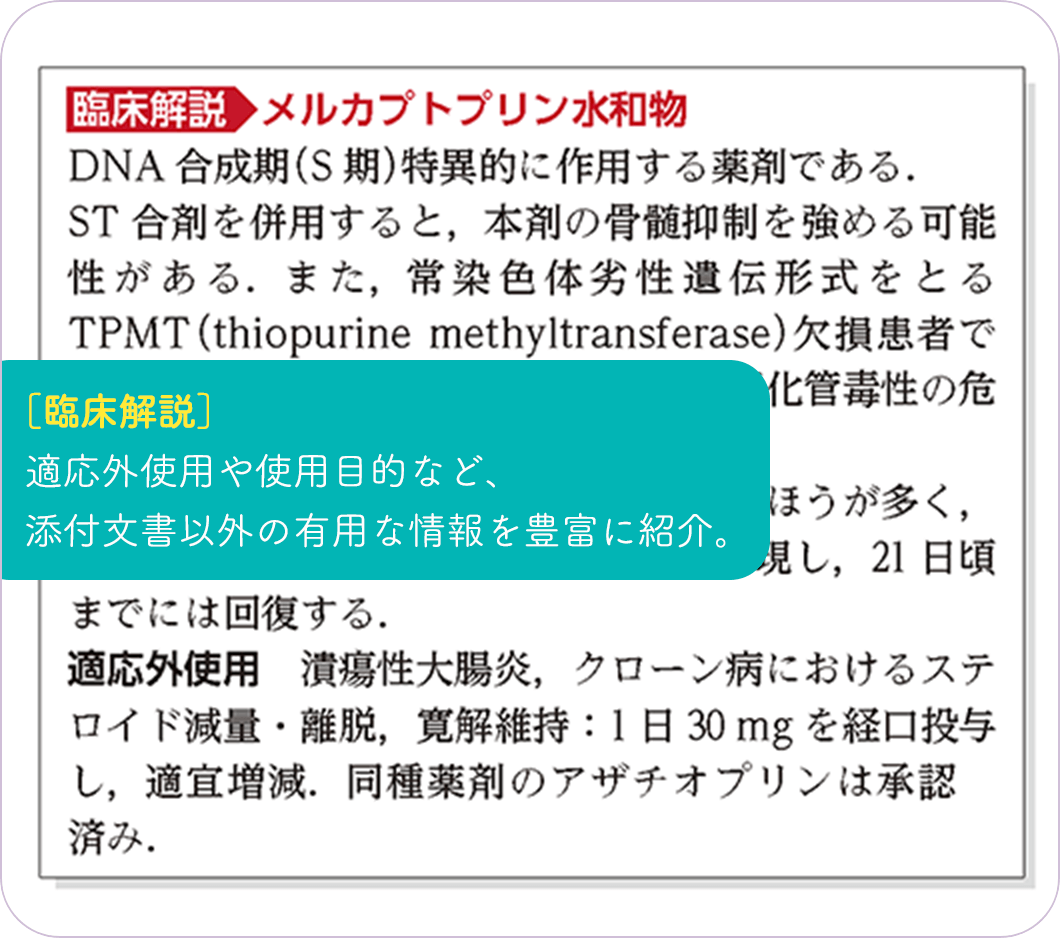 [臨床解説] 適応外使用や使用目的など、添付文書以外の有用な情報を豊富に紹介。